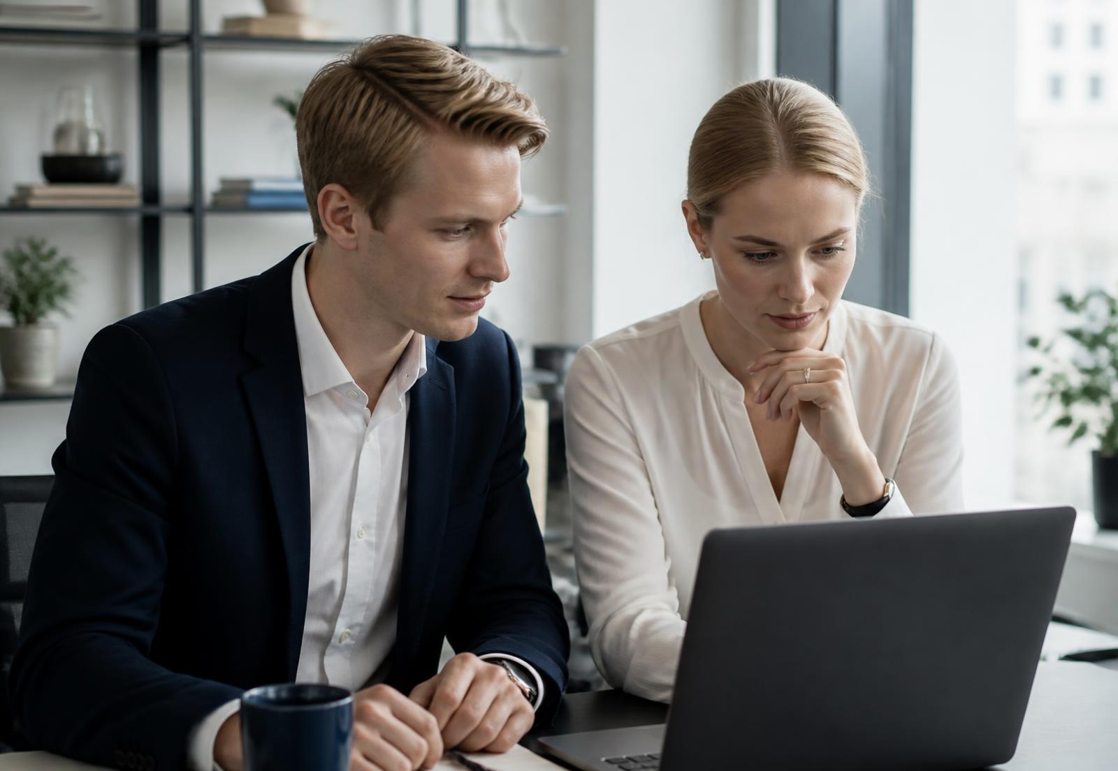 Två unga yrkespersoner analyserar material tillsammans vid en laptop på ett ljust kontor